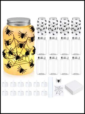 12-Pack DIY Halloween Spiderweb Mason Jar Craft Kit with LED Lights